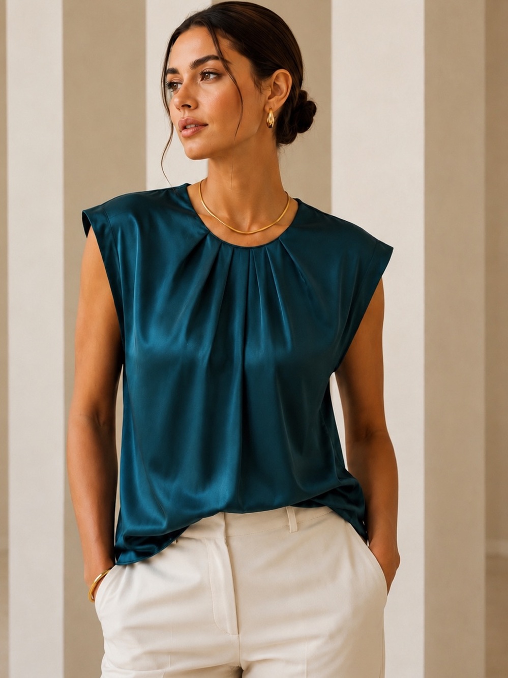 Satin Quiet Luxury Peacock Blue Blouse | Minimalist Resort Chic Top | Small